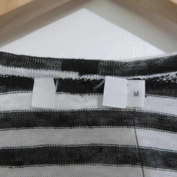 A.L.C. Womens Sz M Black White Striped Linen Short Sleeve Top Keyhole Back - Picture 5 of 6